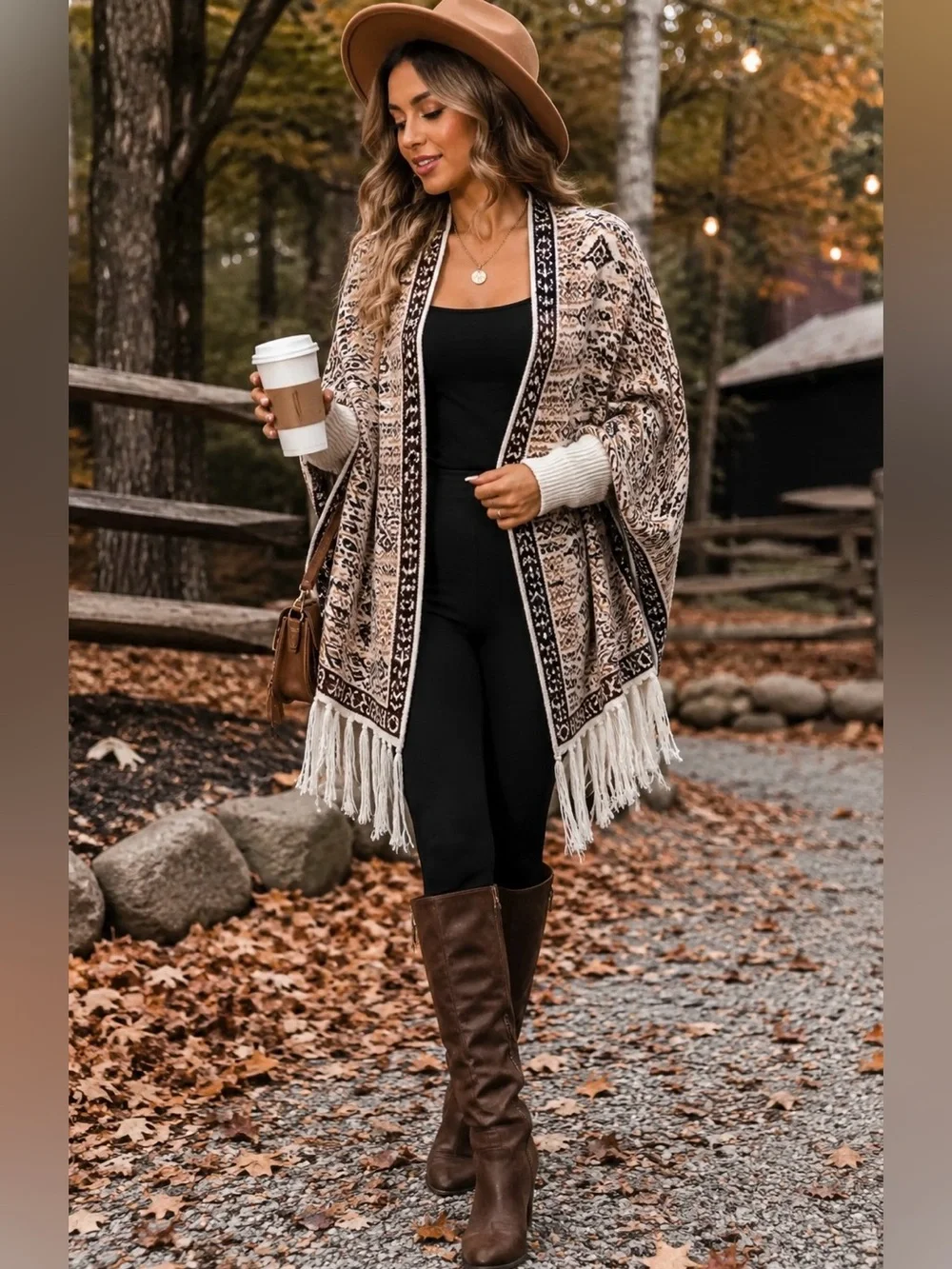 Cream Brown Fair Isle Fringe Cardigan Poncho Sweater L NEW